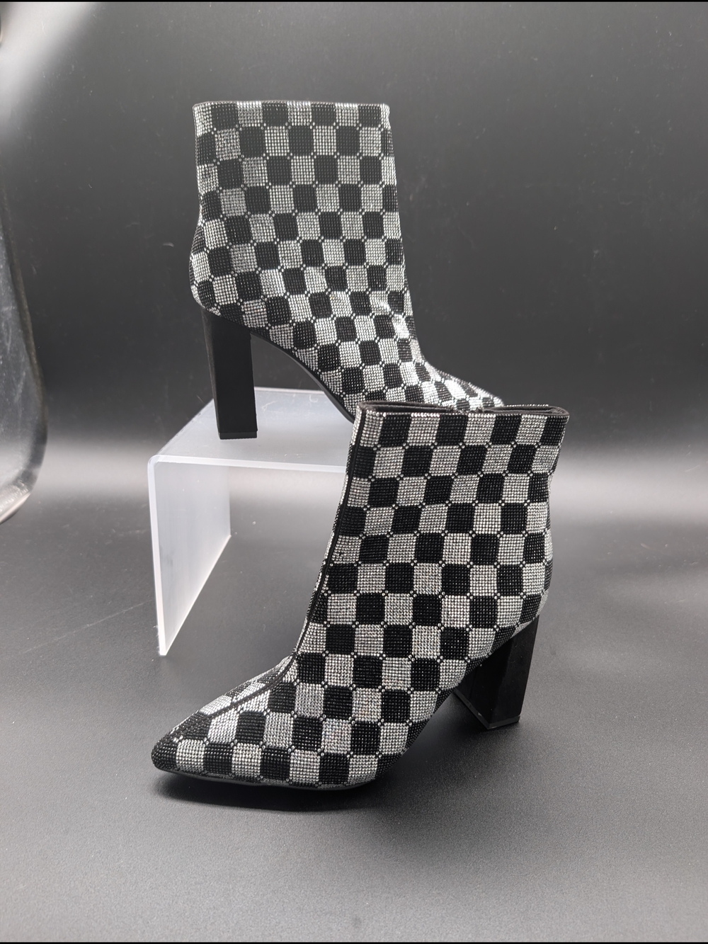 Womens Black & Silver Checkered Block Heel Ankle Boots NWOT